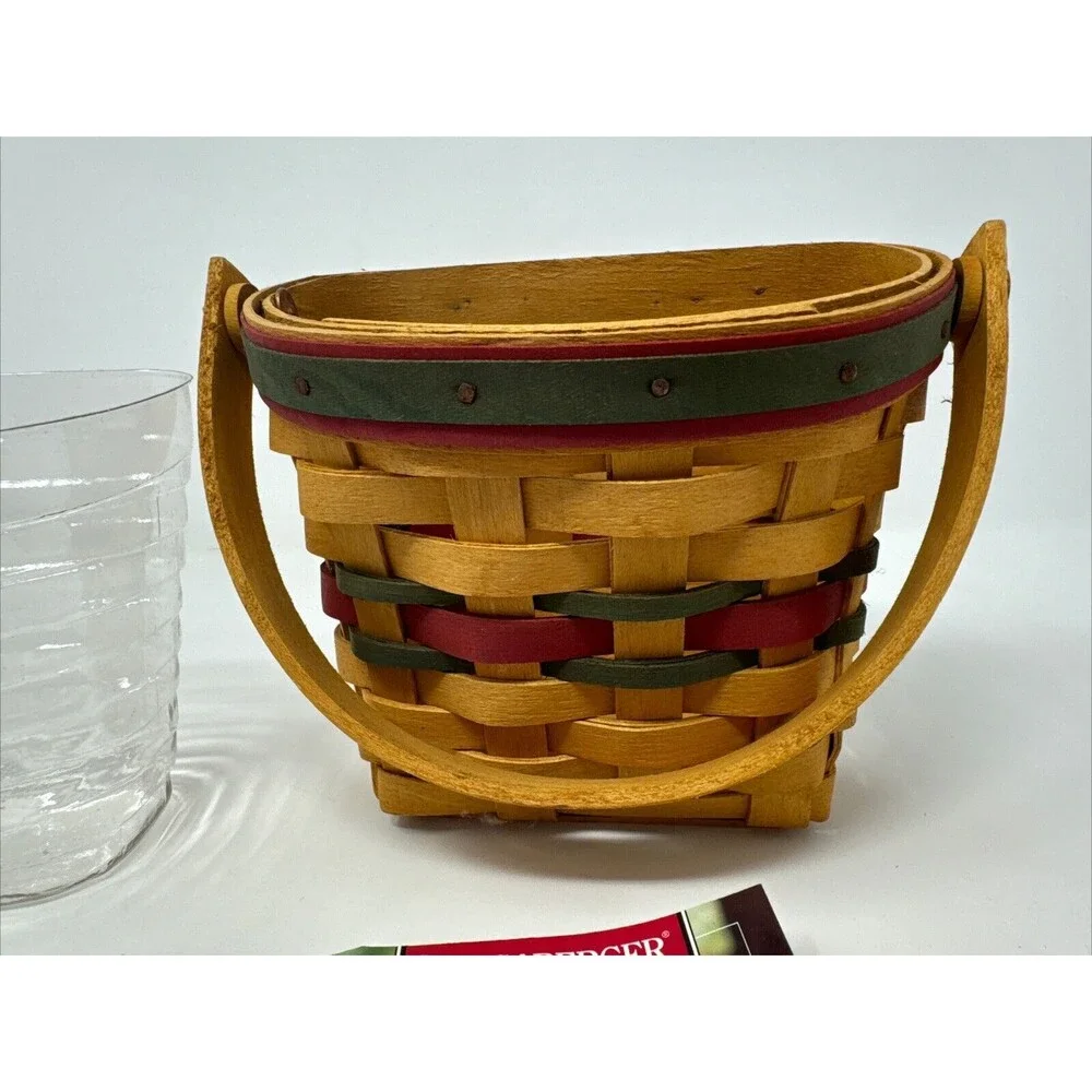 Longaberger 1998 Little Joy Basket Set - Berry Red Stripe + Protector
